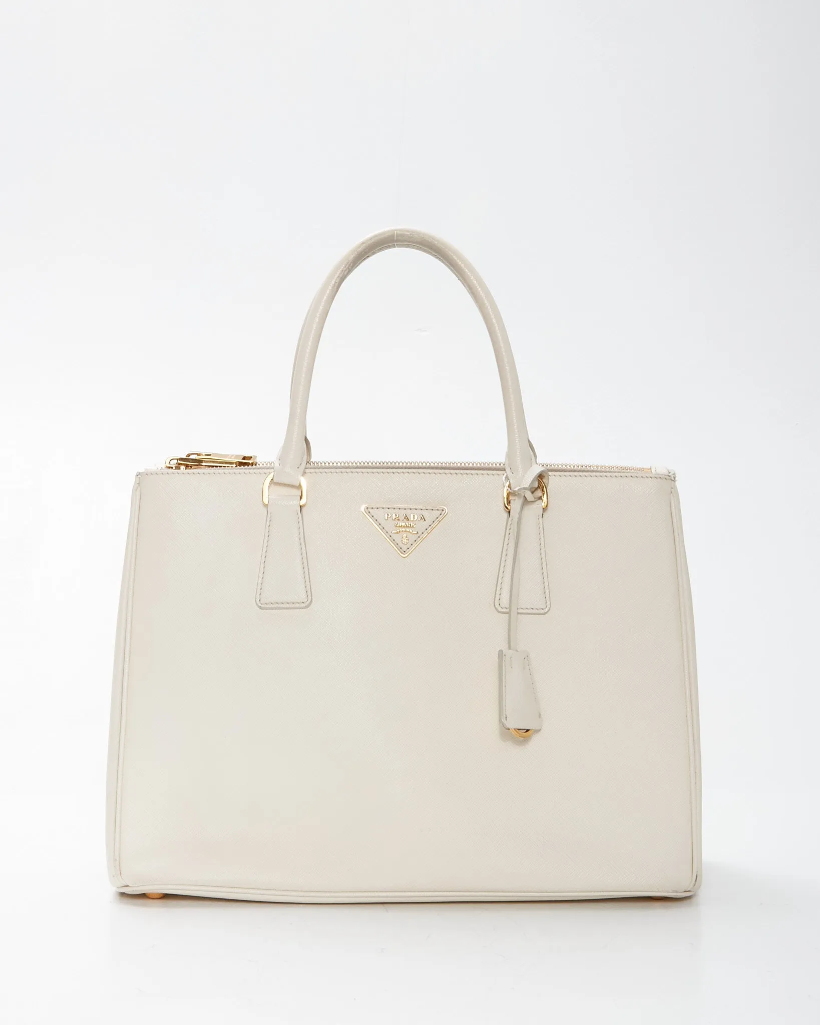 Prada Cream Saffiano Leather Double Zip Galleria Medium Tote Bag