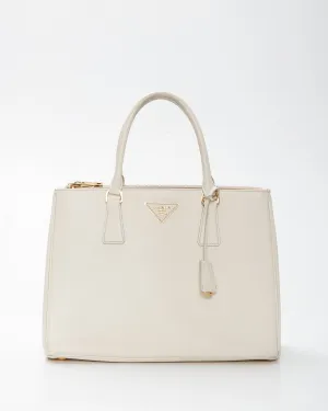 Prada Cream Saffiano Leather Double Zip Galleria Medium Tote Bag
