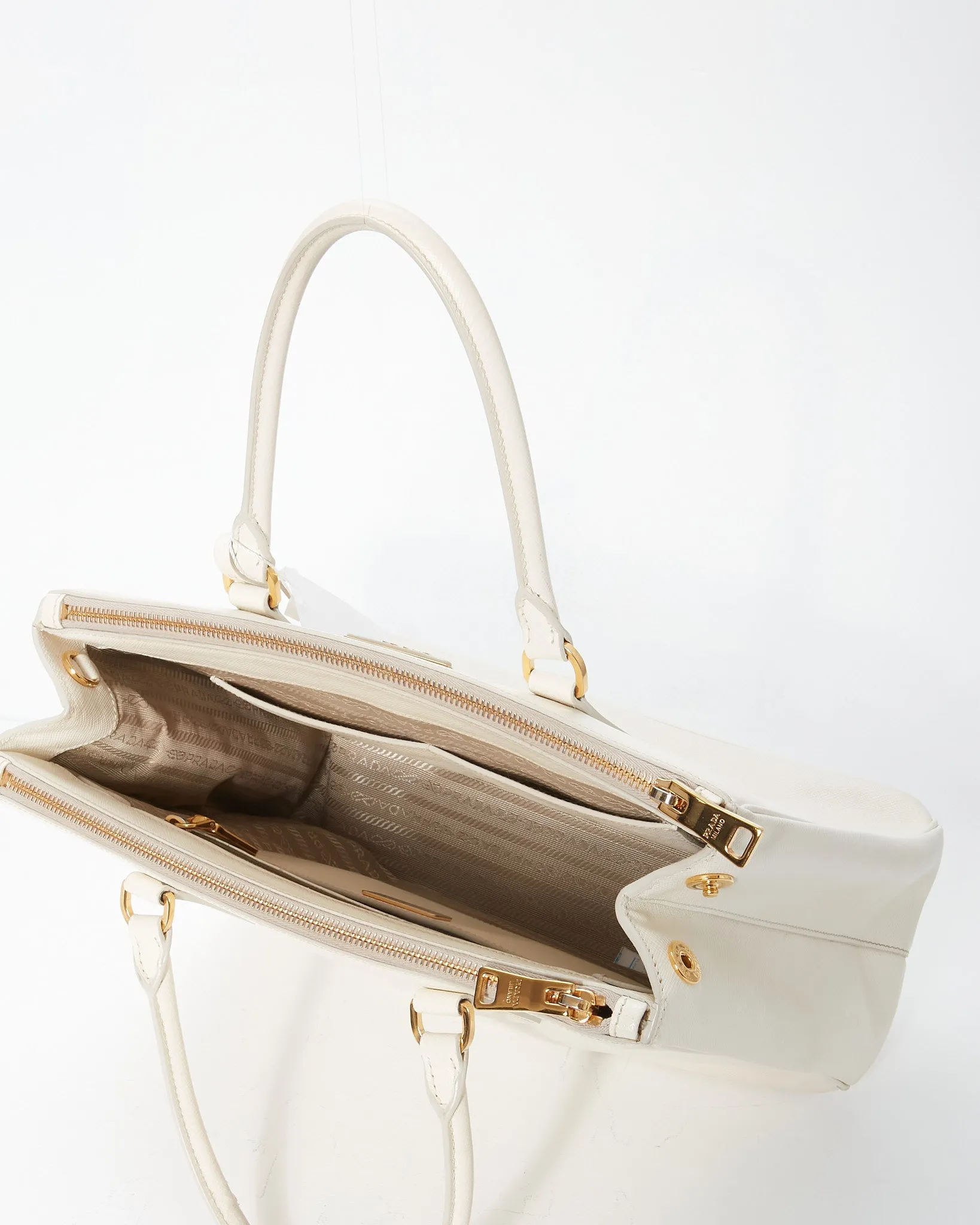 Prada Cream Saffiano Leather Double Zip Galleria Medium Tote Bag