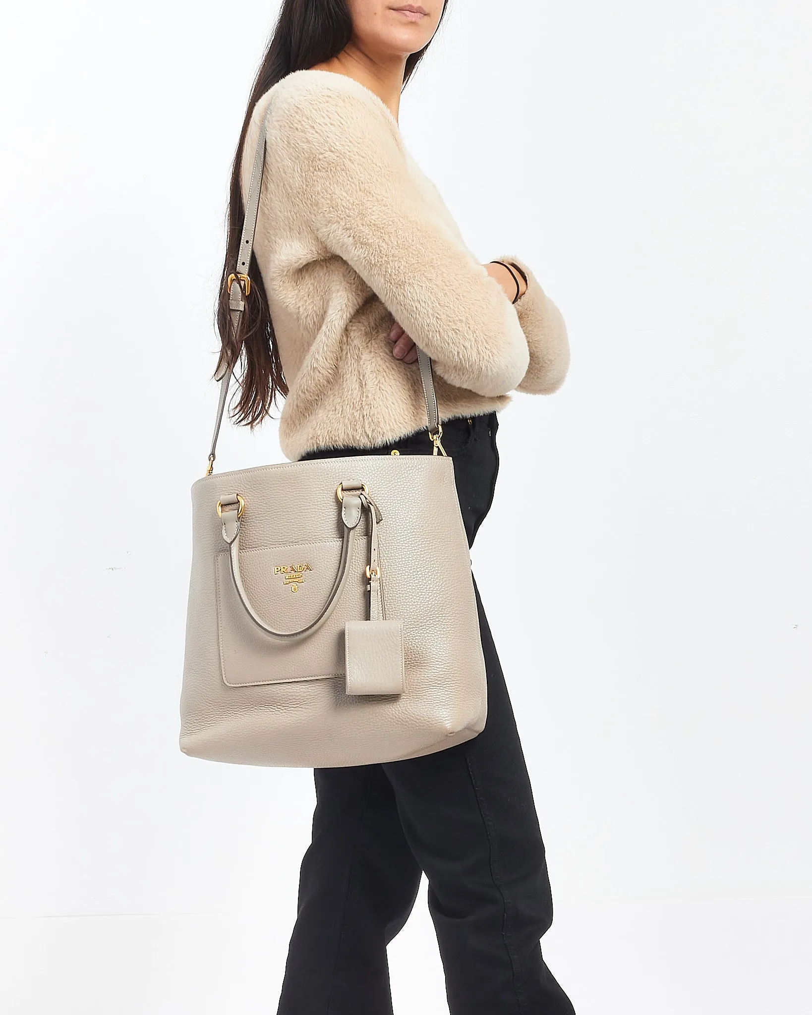 Prada Grey Daino Leather Two Way Tote Bag with Strap