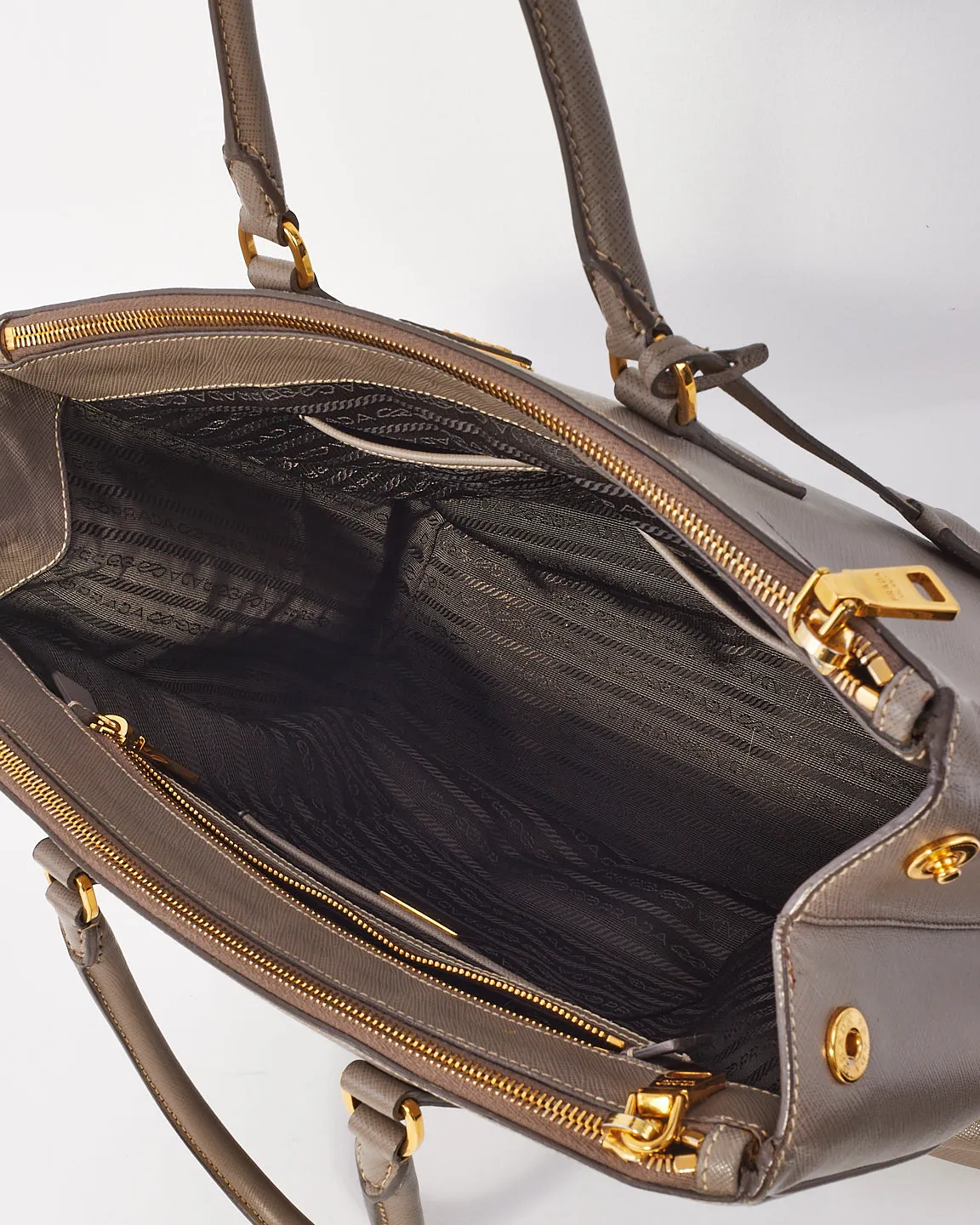 Prada Taupe Saffiano Leather Large Double Zip Galleria Tote Bag