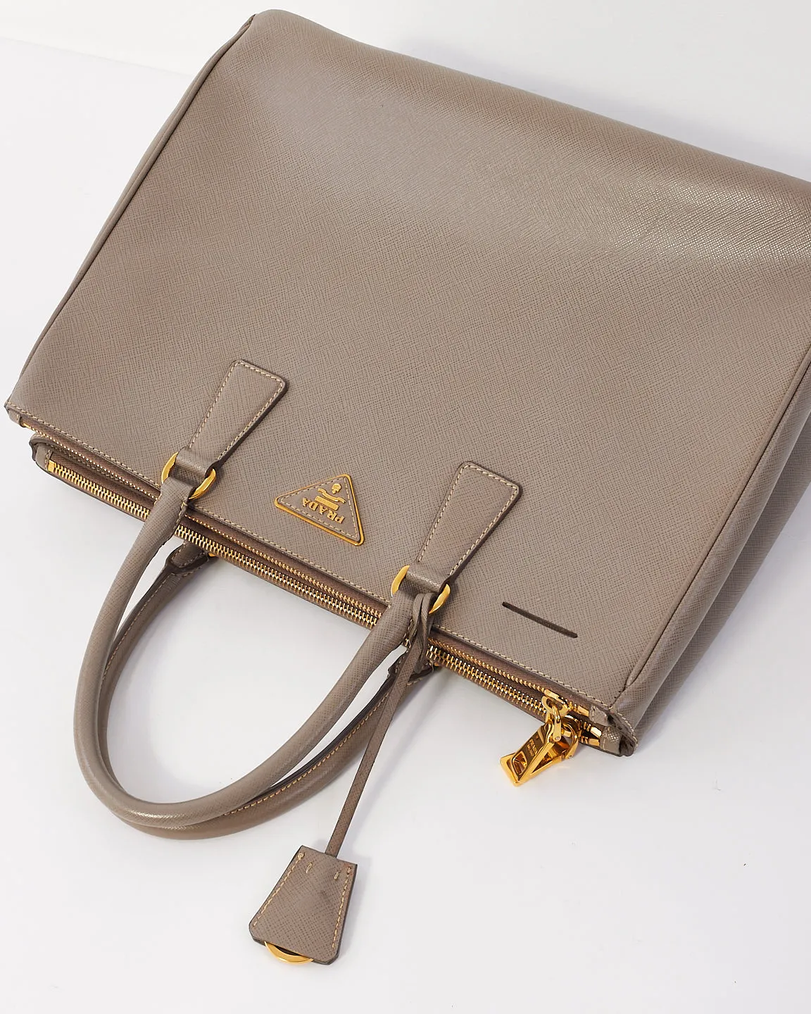 Prada Taupe Saffiano Leather Large Double Zip Galleria Tote Bag