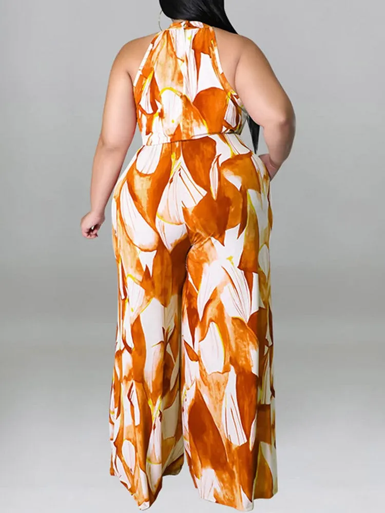 Printed Halter Wide Leg Jumpsuit