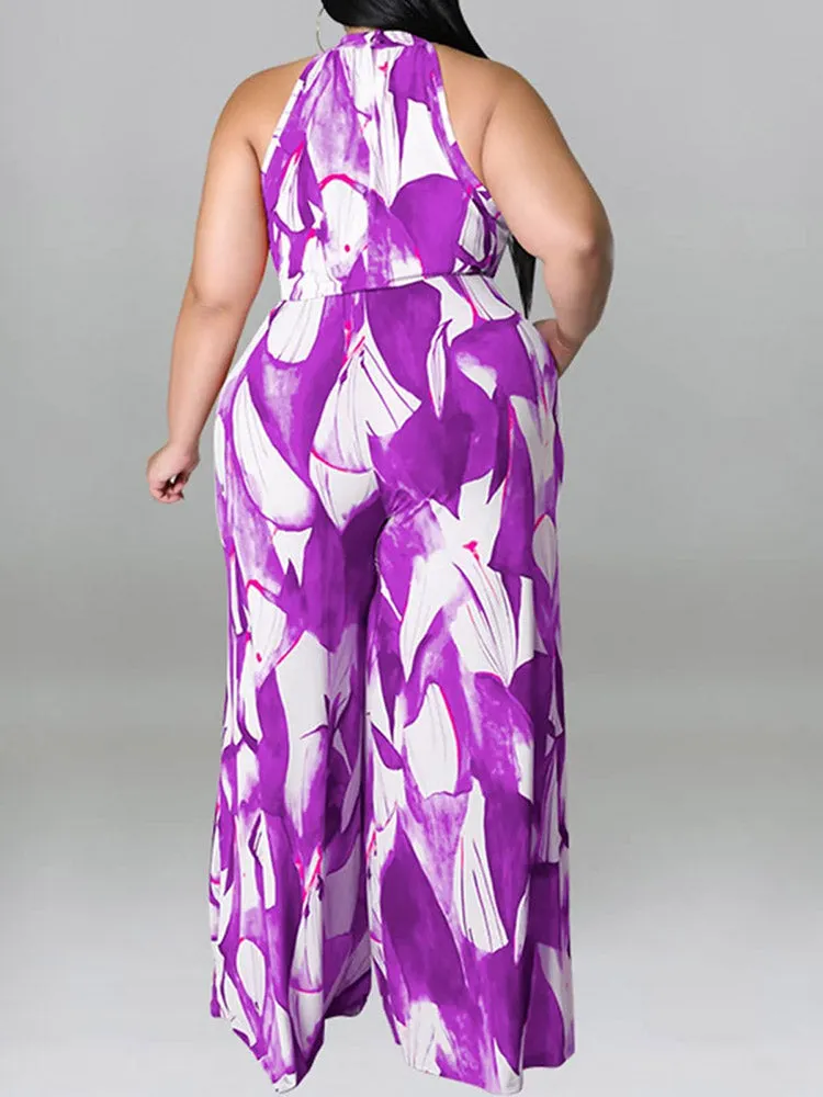 Printed Halter Wide Leg Jumpsuit