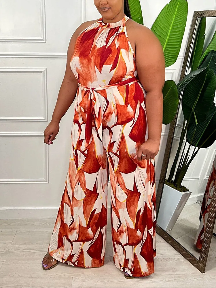 Printed Halter Wide Leg Jumpsuit