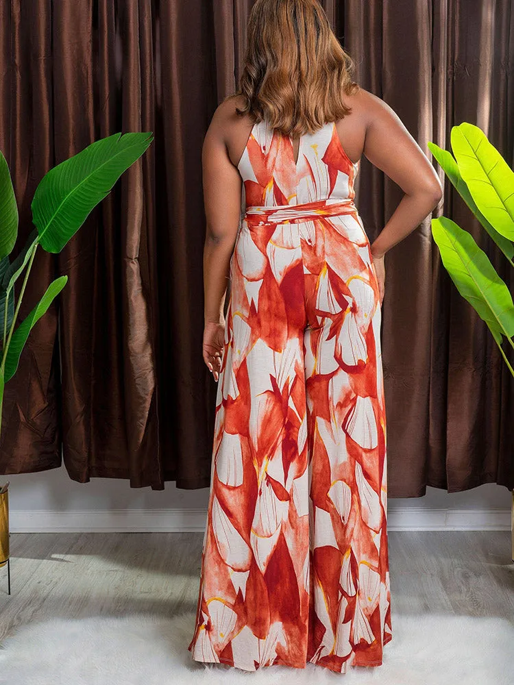 Printed Halter Wide Leg Jumpsuit