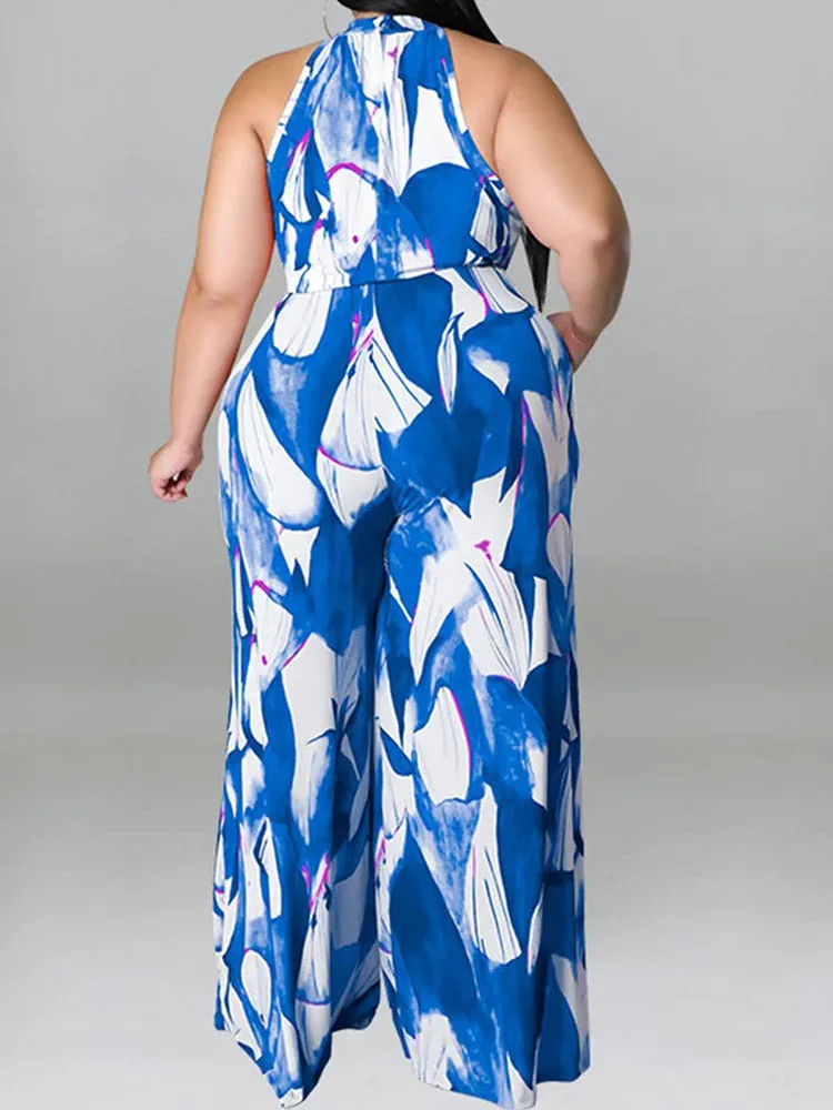 Printed Halter Wide Leg Jumpsuit