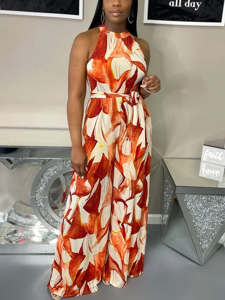 Printed Halter Wide Leg Jumpsuit