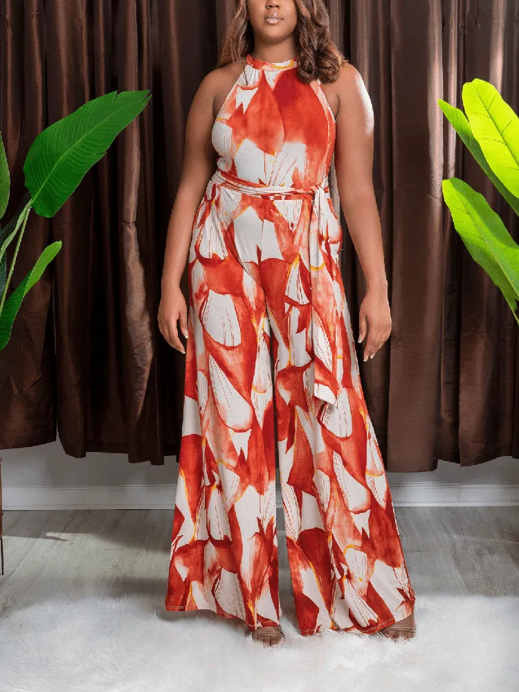 Printed Halter Wide Leg Jumpsuit