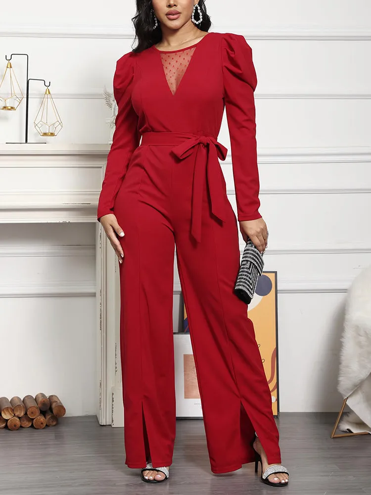 Puff Sleeve Belted Wide Jumpsuit