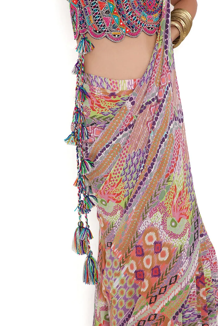 PURPLE GEORGETTE EMBROIDERED CHOLI WITH AFRICAN PRINT GEORGETTE PRE-STITCHED SAREE
