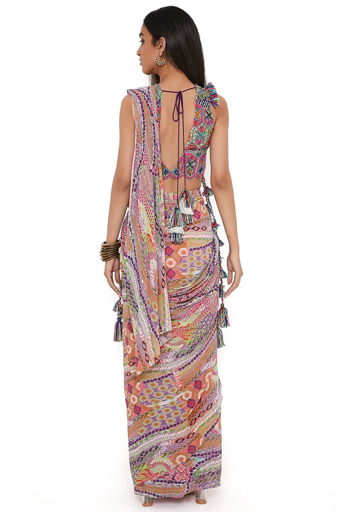 PURPLE GEORGETTE EMBROIDERED CHOLI WITH AFRICAN PRINT GEORGETTE PRE-STITCHED SAREE