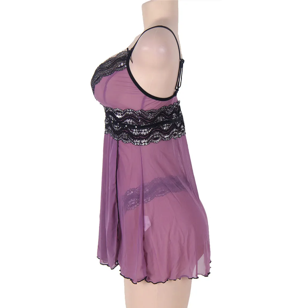 Purple Plus Size Mesh and Metallic Lace Babydoll Egypt