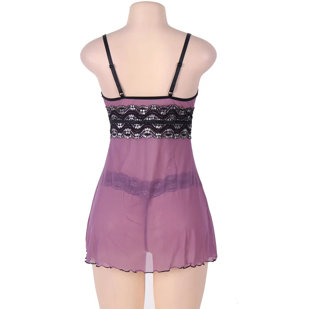 Purple Plus Size Mesh and Metallic Lace Babydoll Egypt