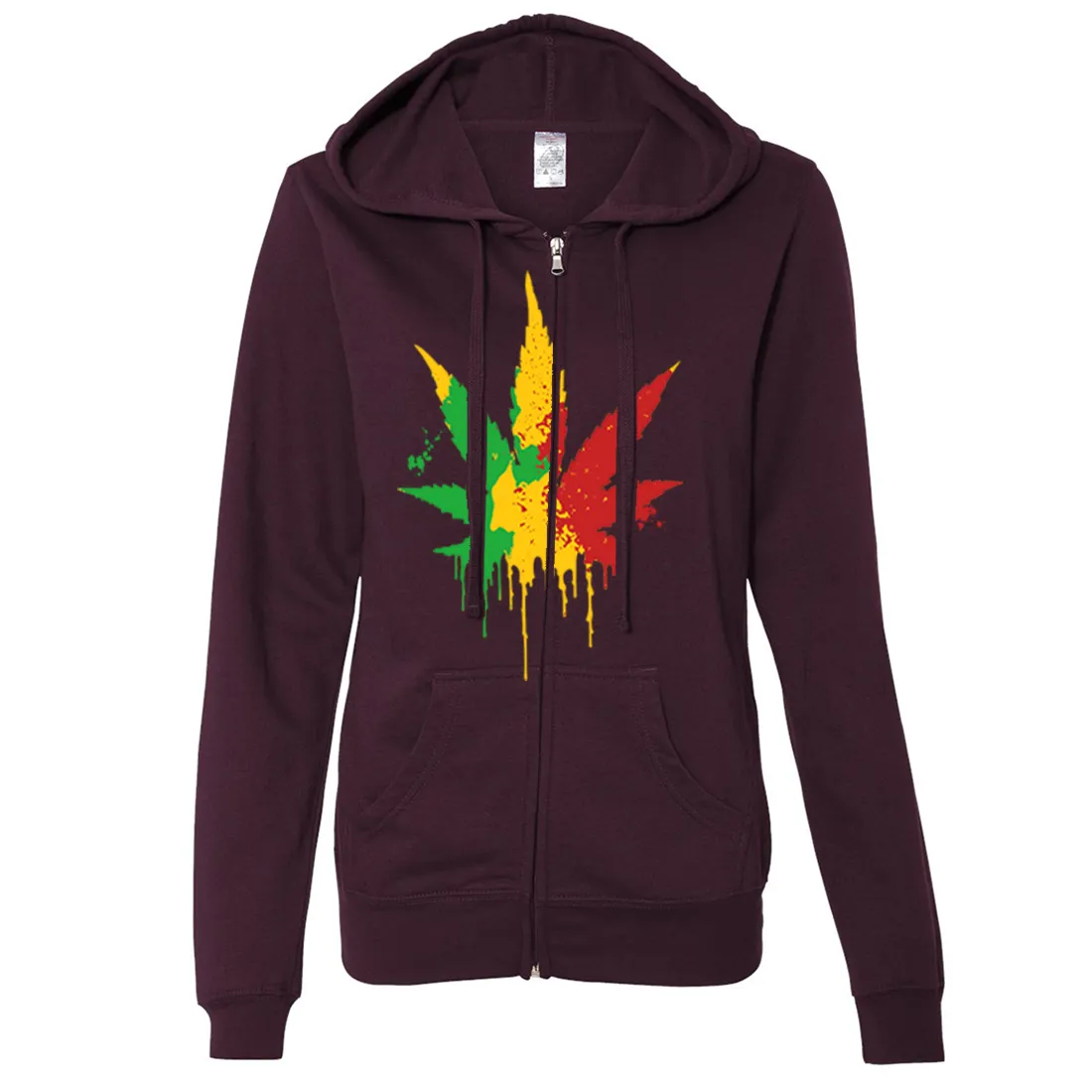 Rasta Pot Leaf Ladies Lightweight Fitted Zip-Up Hoodie