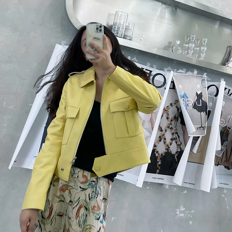 Real Leather Jackets Lady Fashion Trend Women Bomber Coats Genuine Sheepskin Biker Jacket Pocket Zipper ZM4047