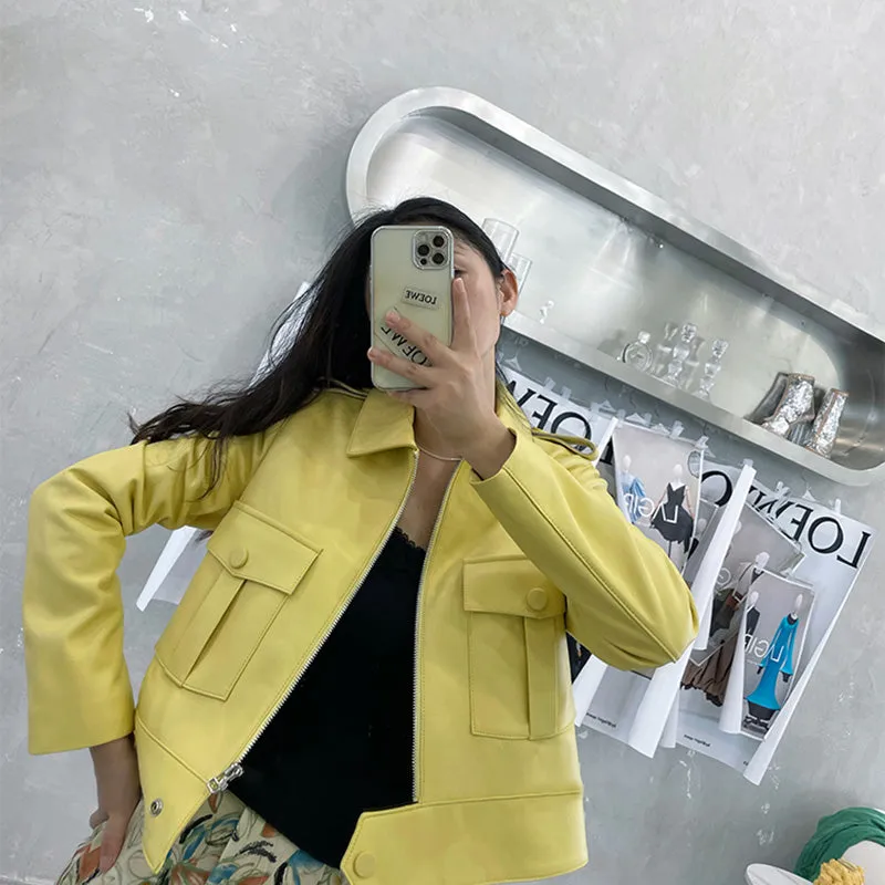 Real Leather Jackets Lady Fashion Trend Women Bomber Coats Genuine Sheepskin Biker Jacket Pocket Zipper ZM4047