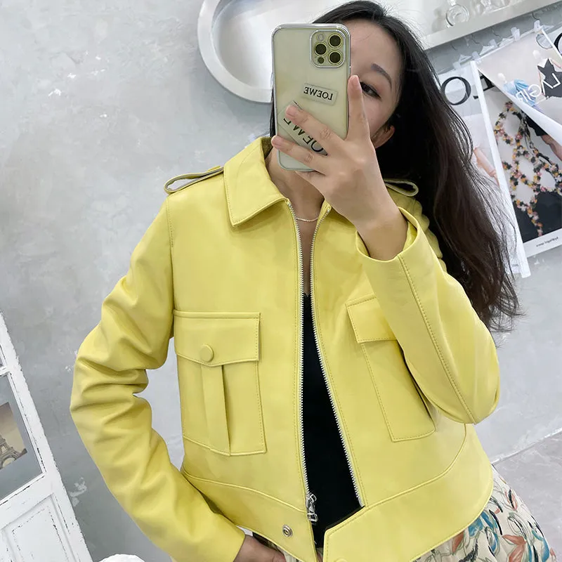 Real Leather Jackets Lady Fashion Trend Women Bomber Coats Genuine Sheepskin Biker Jacket Pocket Zipper ZM4047