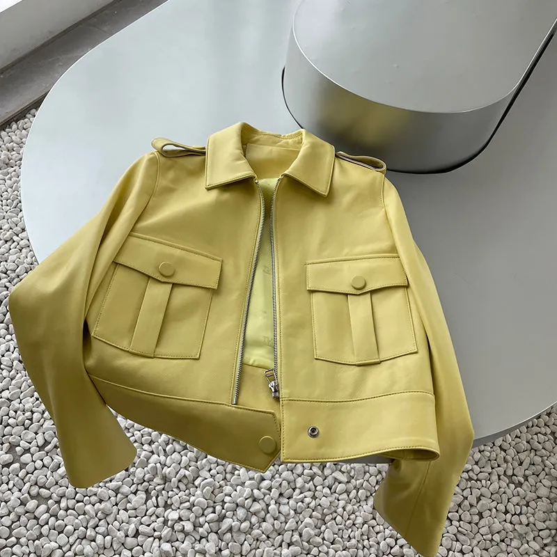 Real Leather Jackets Lady Fashion Trend Women Bomber Coats Genuine Sheepskin Biker Jacket Pocket Zipper ZM4047