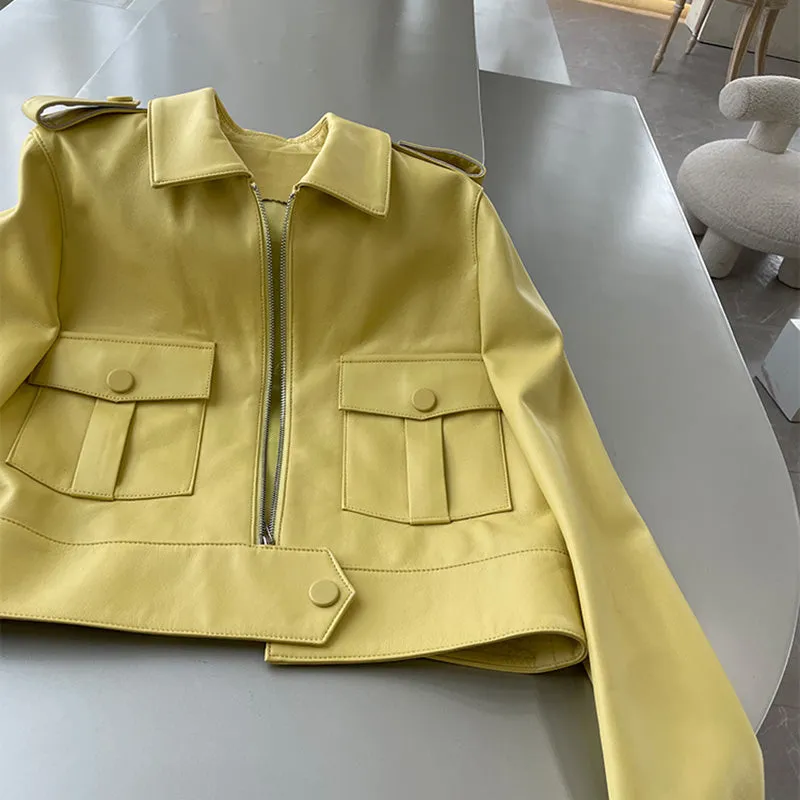 Real Leather Jackets Lady Fashion Trend Women Bomber Coats Genuine Sheepskin Biker Jacket Pocket Zipper ZM4047