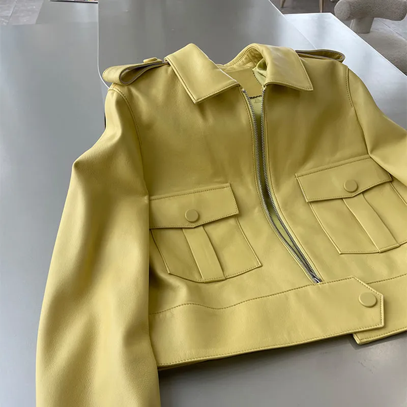 Real Leather Jackets Lady Fashion Trend Women Bomber Coats Genuine Sheepskin Biker Jacket Pocket Zipper ZM4047
