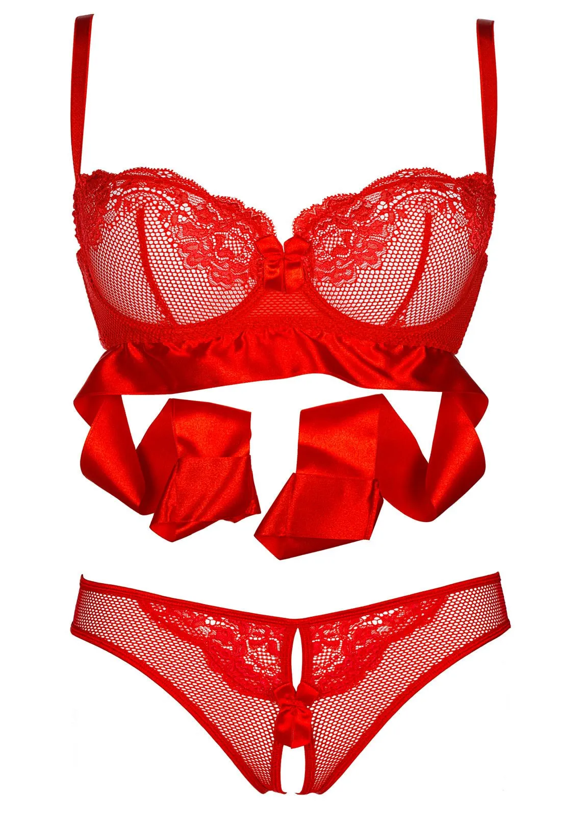Red Lace Tie Me Up Bra Open Crotch Panty Set