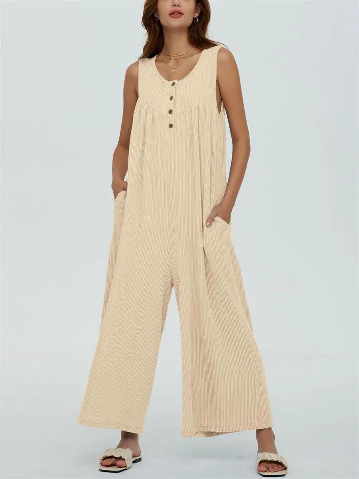 Relaxed U Neck Sleeveless Side Pocket Wide Leg Jumpsuit for Women