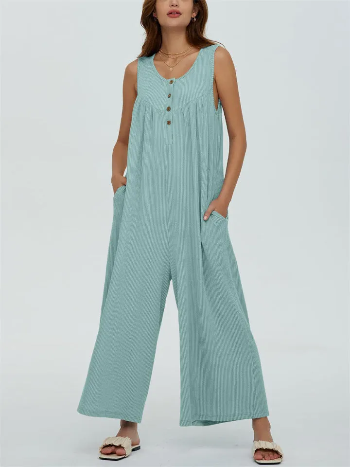 Relaxed U Neck Sleeveless Side Pocket Wide Leg Jumpsuit for Women