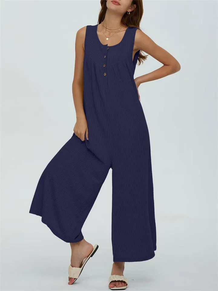 Relaxed U Neck Sleeveless Side Pocket Wide Leg Jumpsuit for Women