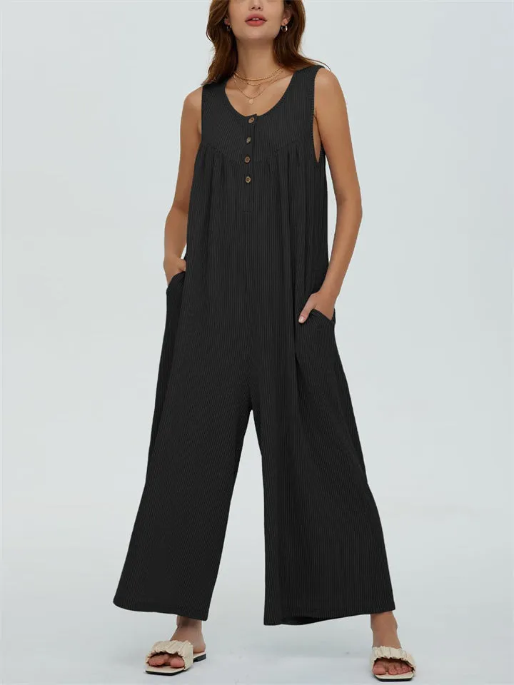 Relaxed U Neck Sleeveless Side Pocket Wide Leg Jumpsuit for Women