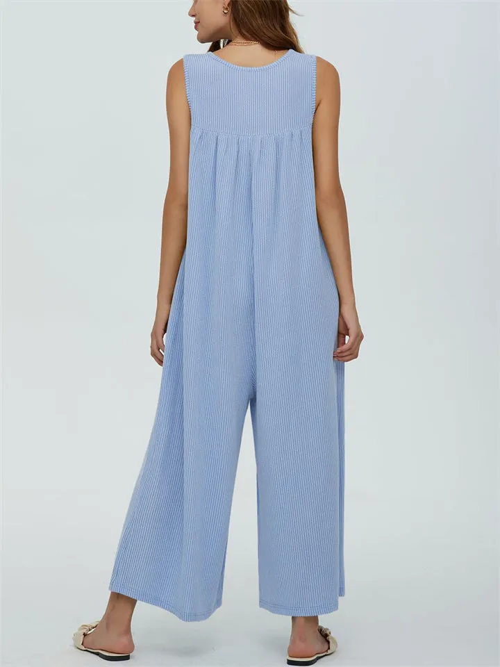 Relaxed U Neck Sleeveless Side Pocket Wide Leg Jumpsuit for Women