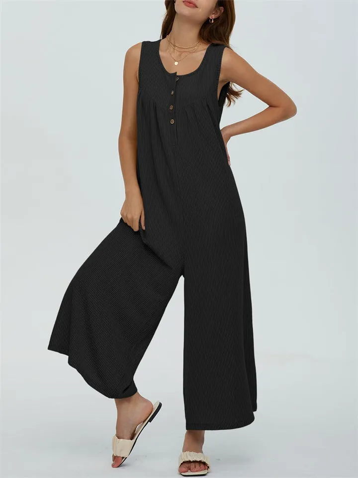 Relaxed U Neck Sleeveless Side Pocket Wide Leg Jumpsuit for Women