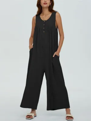 Relaxed U Neck Sleeveless Side Pocket Wide Leg Jumpsuit for Women