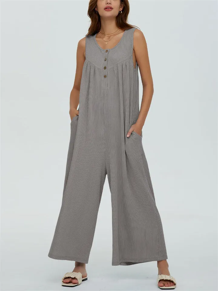 Relaxed U Neck Sleeveless Side Pocket Wide Leg Jumpsuit for Women