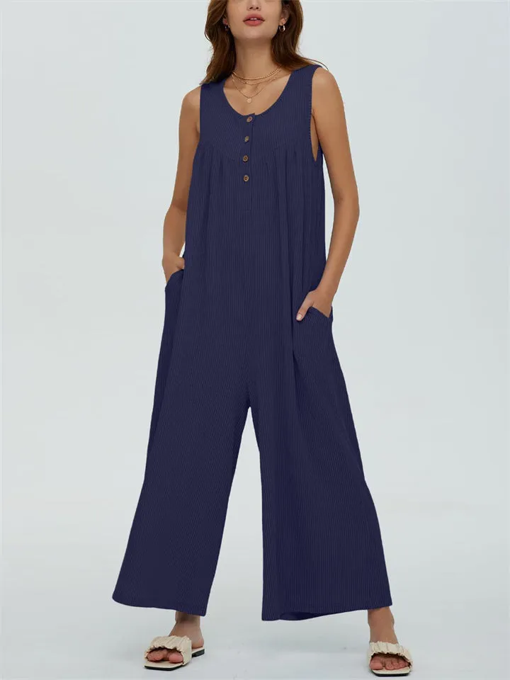 Relaxed U Neck Sleeveless Side Pocket Wide Leg Jumpsuit for Women