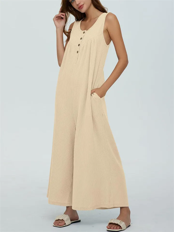 Relaxed U Neck Sleeveless Side Pocket Wide Leg Jumpsuit for Women