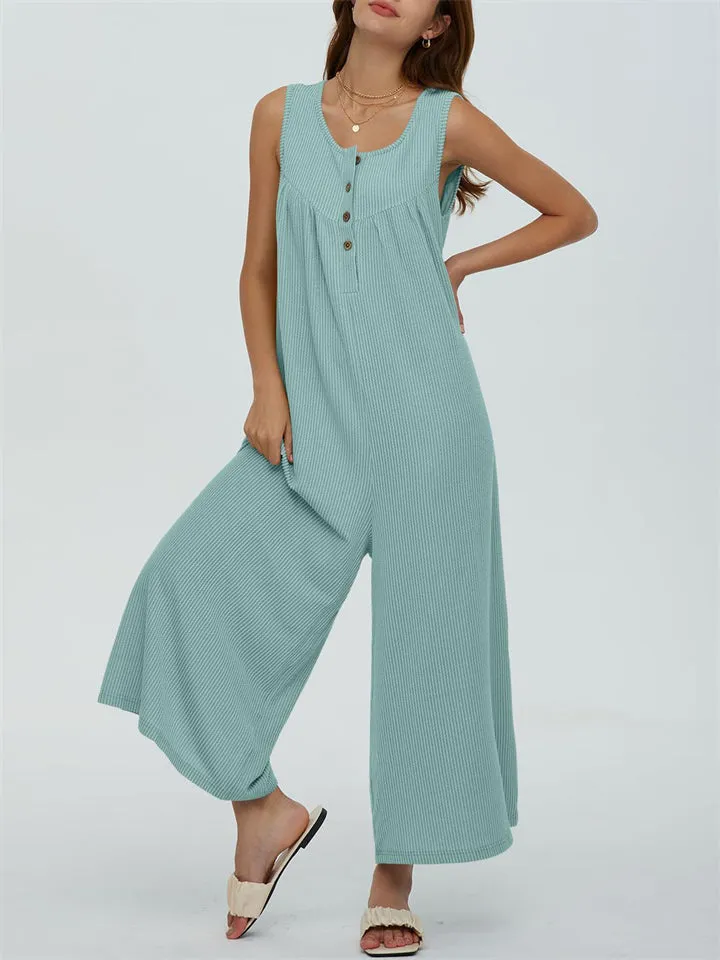 Relaxed U Neck Sleeveless Side Pocket Wide Leg Jumpsuit for Women