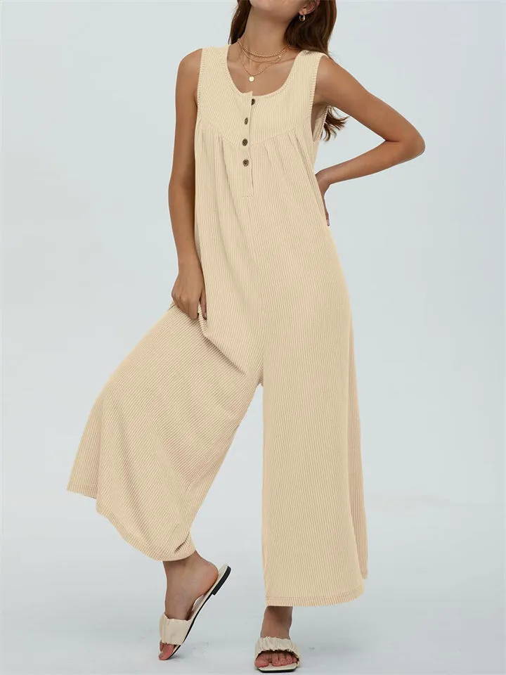 Relaxed U Neck Sleeveless Side Pocket Wide Leg Jumpsuit for Women