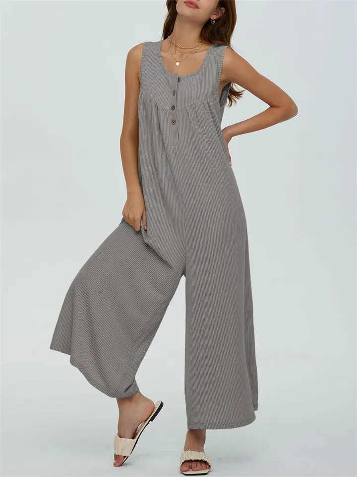 Relaxed U Neck Sleeveless Side Pocket Wide Leg Jumpsuit for Women