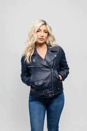 Remy - Women's Vegan Faux Leather Jacket (Navy Blue)
