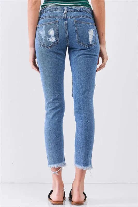 Ripped Destroyed Low-Mid Rise Denim Jeans