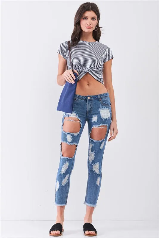 Ripped Destroyed Low-Mid Rise Denim Jeans