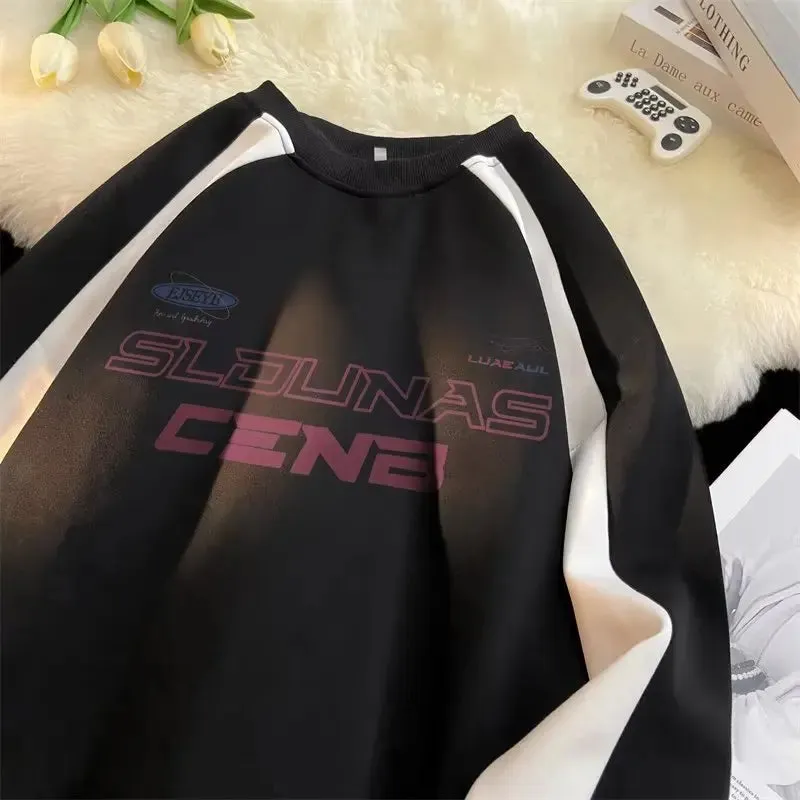 Round Neck Long Sleeves Hoodies Y2k Sweatshirt Retro Coat Hooded Shirt