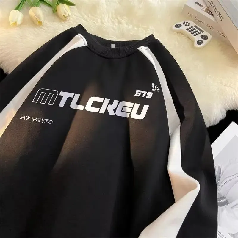 Round Neck Long Sleeves Hoodies Y2k Sweatshirt Retro Coat Hooded Shirt