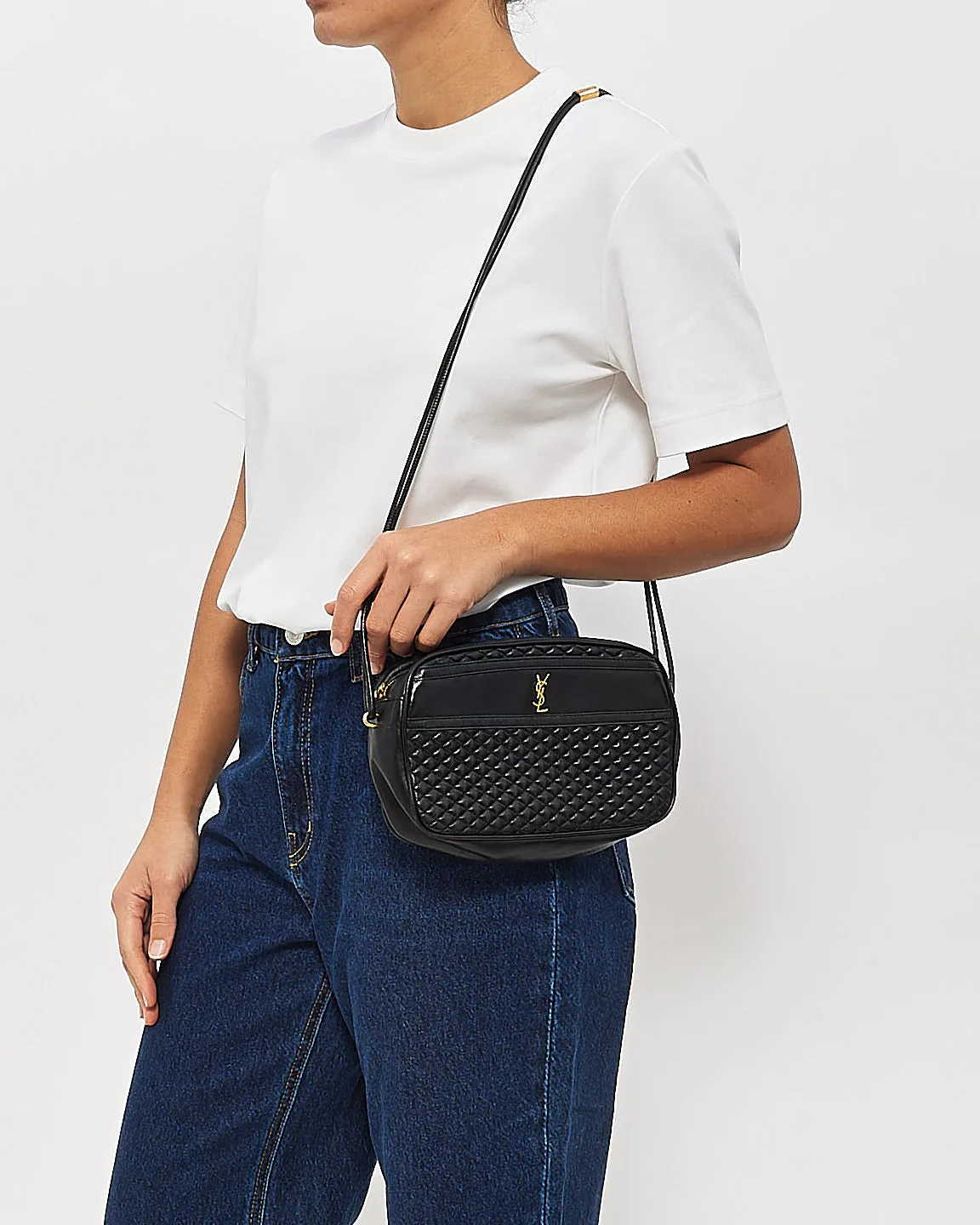 Saint Laurent Black Leather Victoire YSL Monogram Leather Camera Bag
