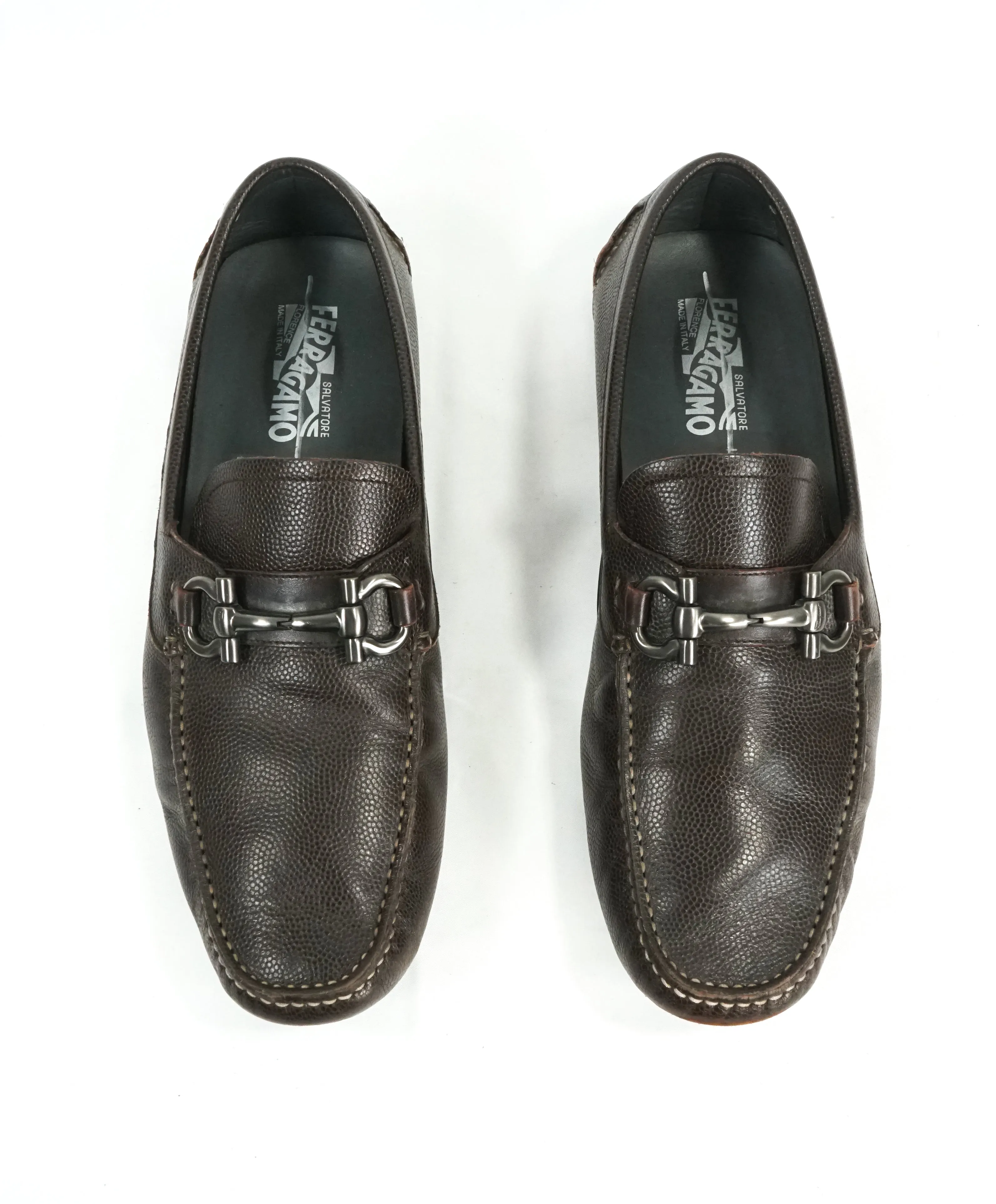 SALVATORE FERRAGAMO - “Parigi” Brown Grained Pebbled Leather Loafers - 11 EE