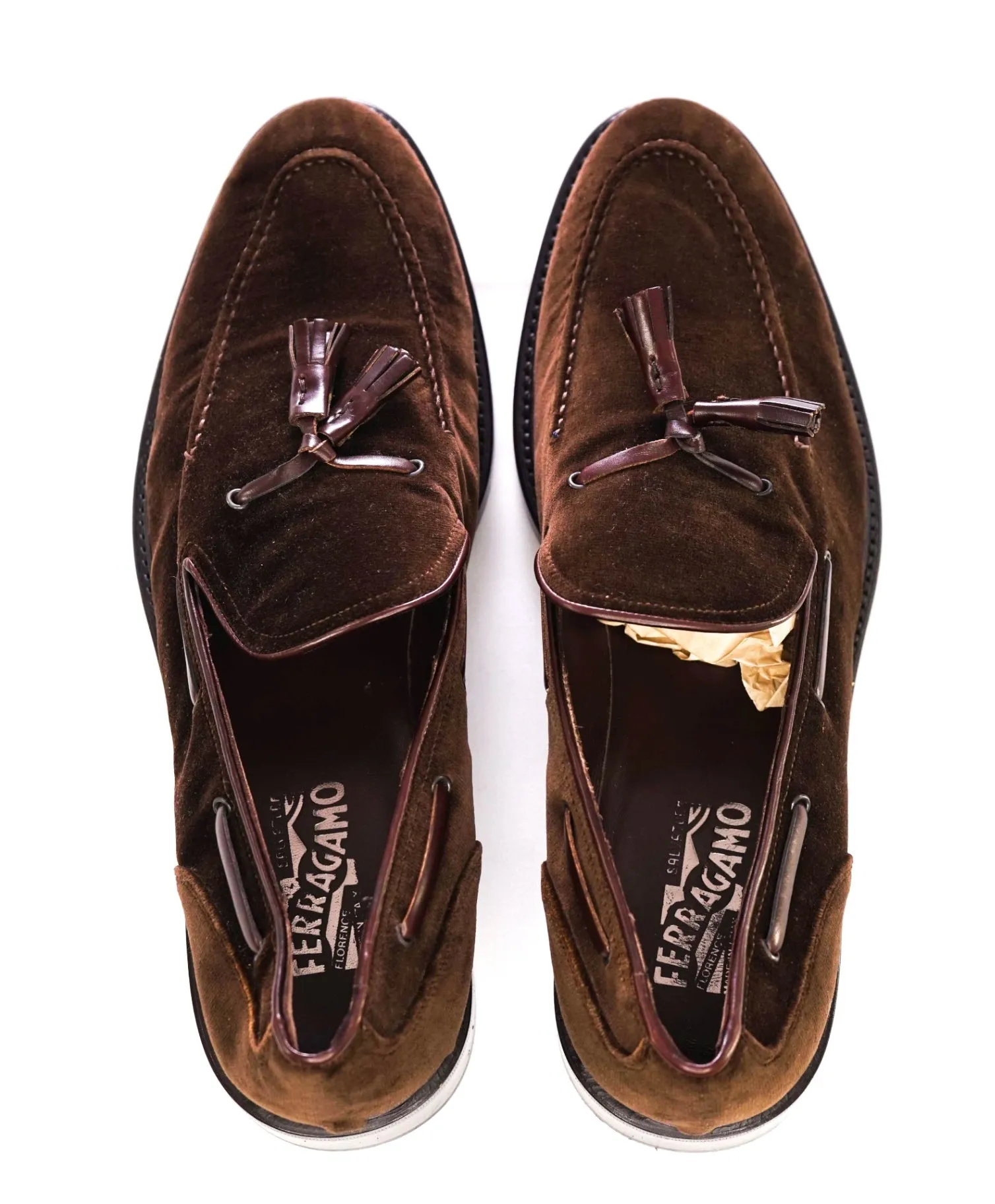 Salvatore Ferragamo Solid Brown Velvet Tassel Loafers 13 D