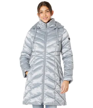 Sam Edelman 3/4 Hooded Chevron Poly Puffer Coat Pewter XL (US 16-18)