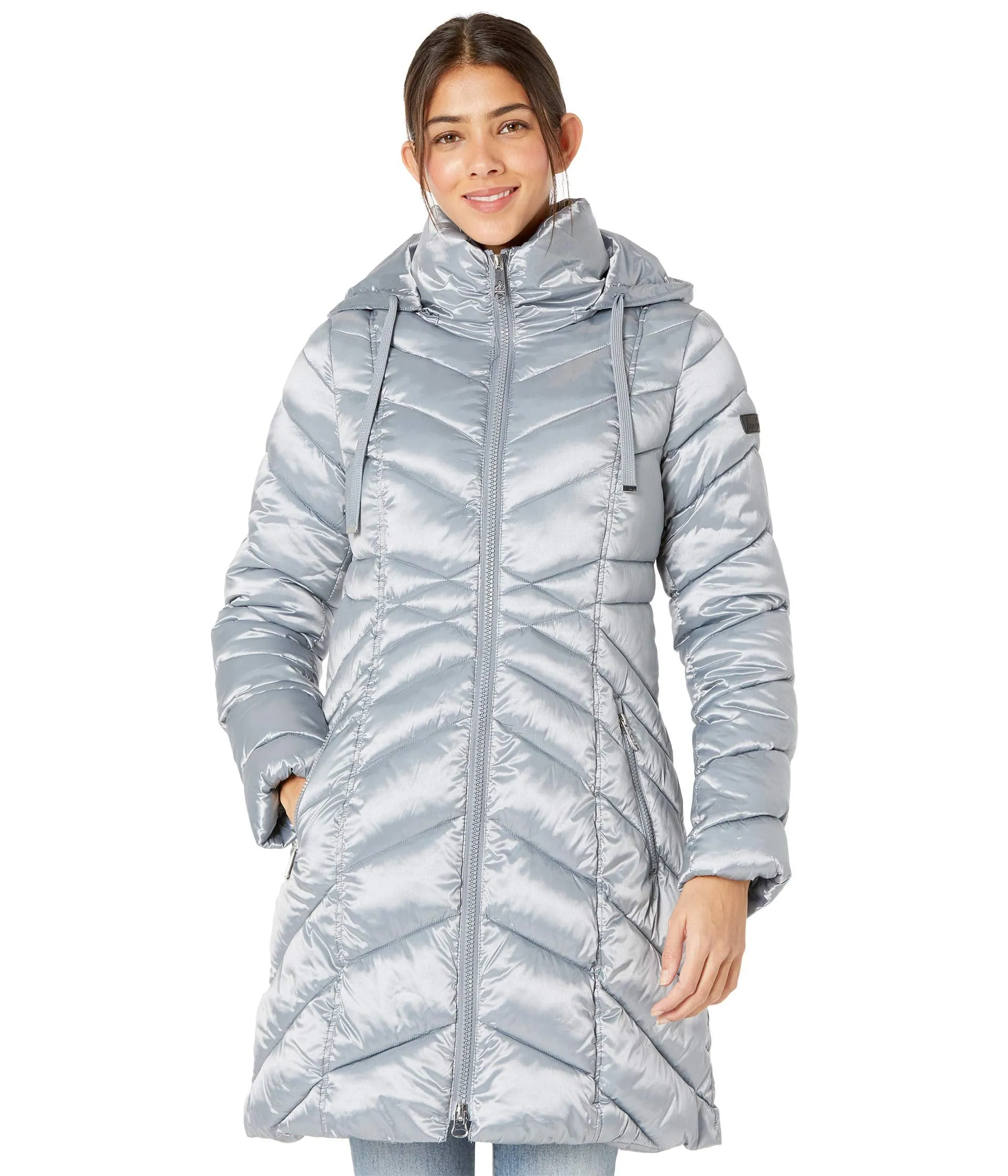 Sam Edelman 3/4 Hooded Chevron Poly Puffer Coat Pewter XL (US 16-18)