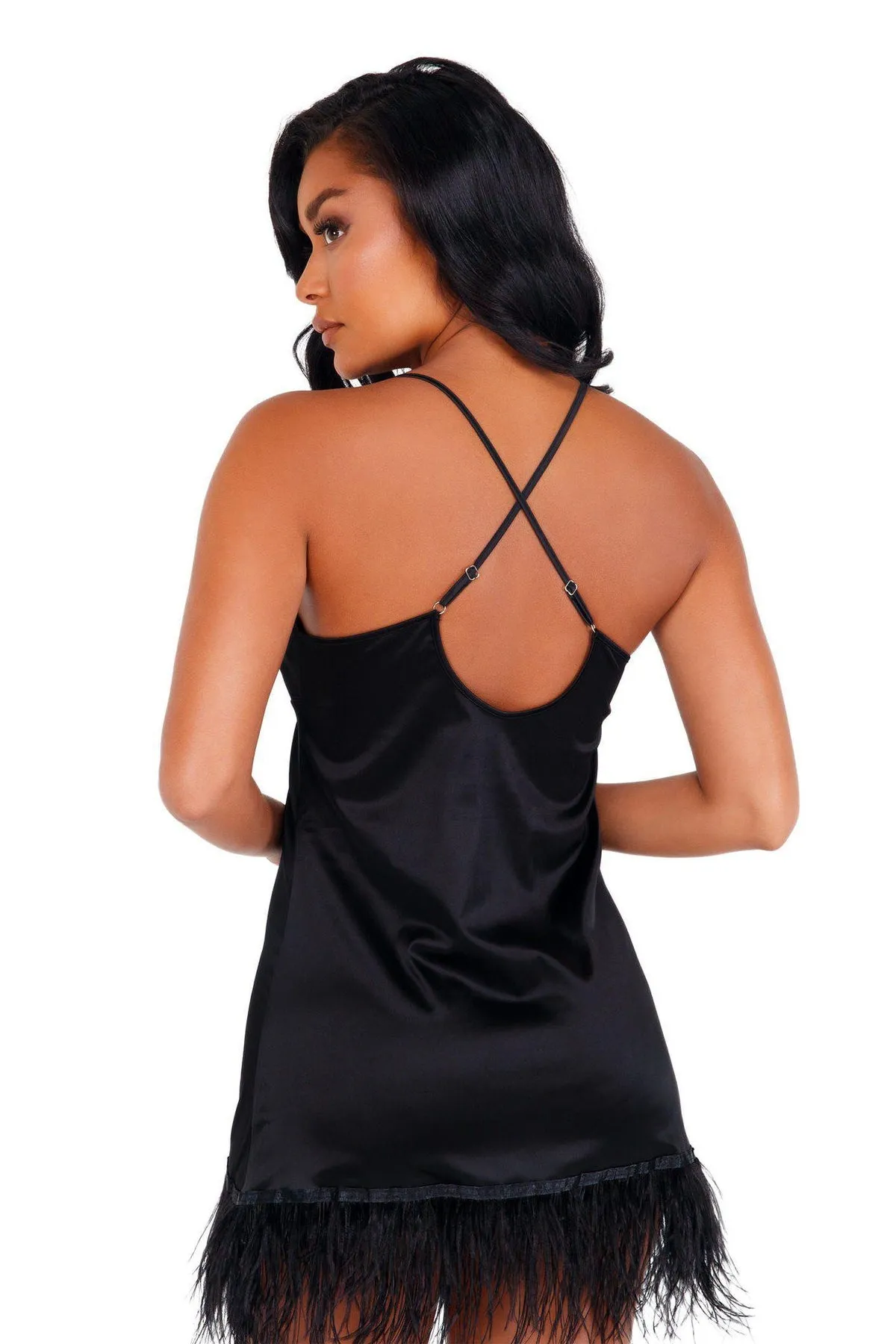 Satin Chemise with Feather Trim